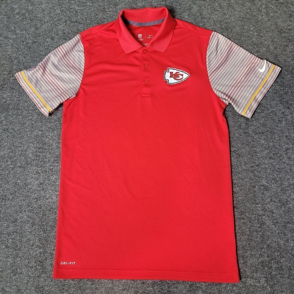 Nike Dri Fit NFL Kansas City Chiefs Mens Size S Polo Shirt Red Stripe Sleeve